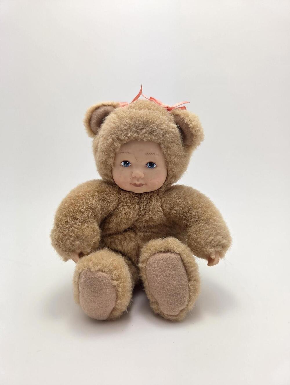 Cute Anne Geddes Bear Doll 90s Vintage, No Tags Orange Bows (5 inch)